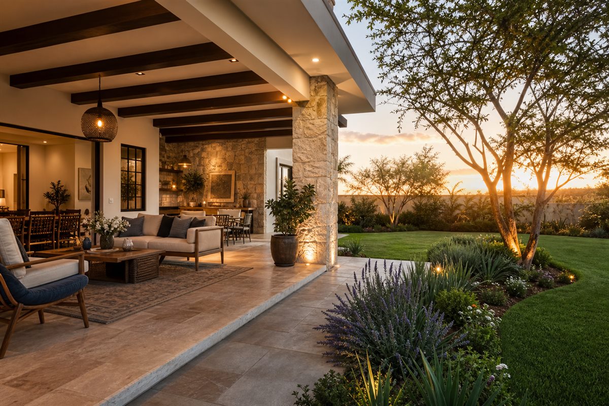 Terraza y jardín de propiedad residencial